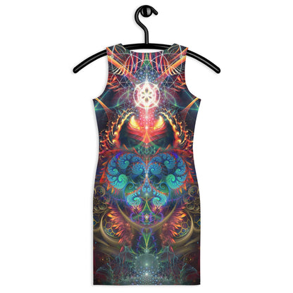 Back view of a white bodycon dress featuring the Stimulous psychedelic fractal burst print.