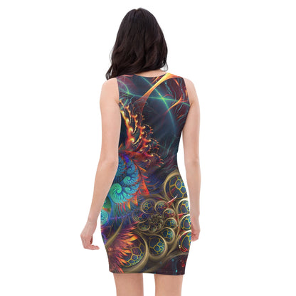 Back view of a white bodycon dress featuring the Stimulous psychedelic fractal print.