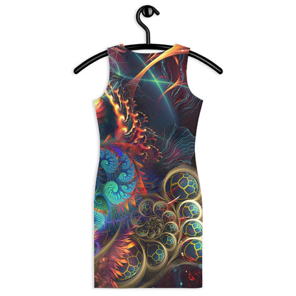 Back view of a white bodycon dress showing the Stimulous psychedelic fractal print.