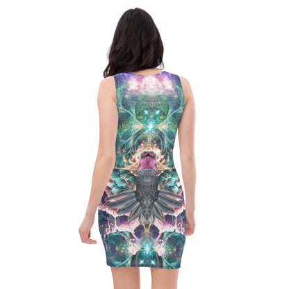 Back view of a white bodycon dress showing the Nectar hummingbird spirit animal print.