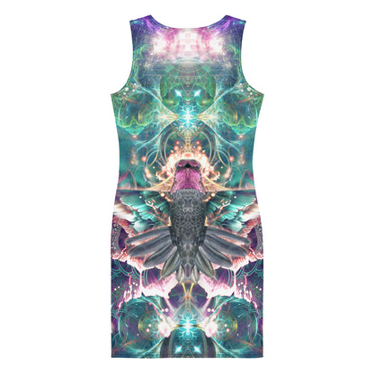 Back view of a white bodycon dress featuring the Nectar hummingbird spirit animal print.