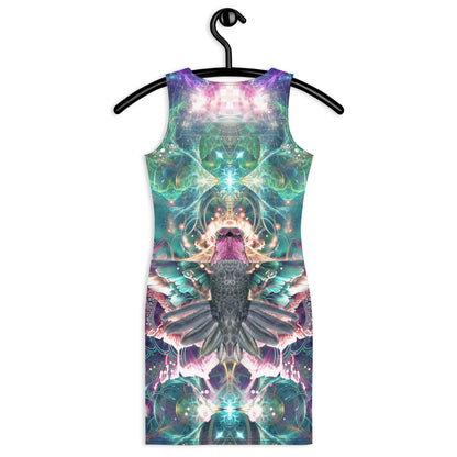 Back view of a white bodycon dress with the Nectar hummingbird spirit animal print.