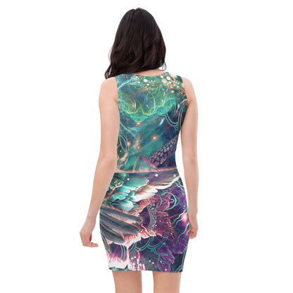 Back view of a white bodycon dress with the Nectar hummingbird fractal print.