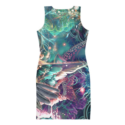 Back view of a white bodycon dress featuring the Nectar hummingbird fractal print.