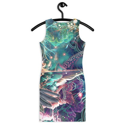 Back view of a white bodycon dress showing the Nectar hummingbird fractal print.