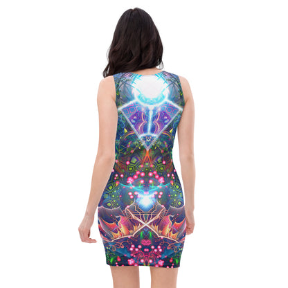 Back view of a white bodycon dress featuring the Hunter's Moon psychedelic trippy print.