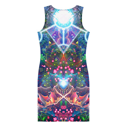 Back view of a white bodycon dress showing the Hunter's Moon psychedelic trippy print.