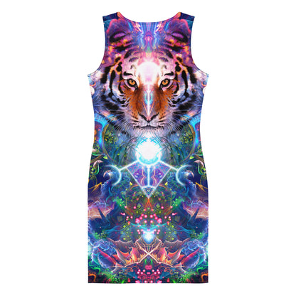 Back view of a white bodycon dress featuring the Hunter's Moon tiger spirit animal print.