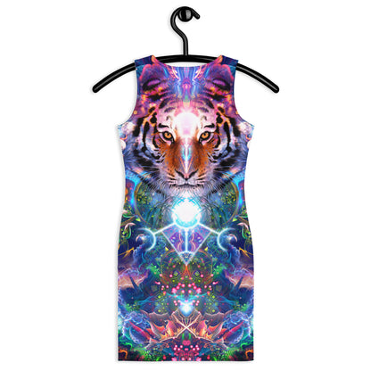 Back view of a white bodycon dress showing the Hunter's Moon tiger spirit animal print.