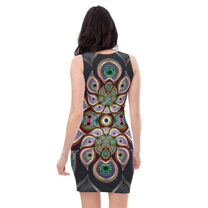 Back view of a white bodycon dress with the The Waiting Room fractal DMT eyes print.