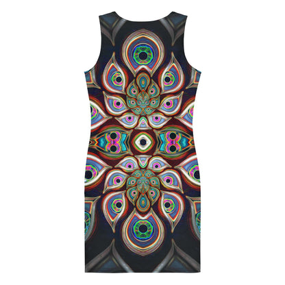 Back view of a white bodycon dress showing the The Waiting Room fractal DMT eyes print.