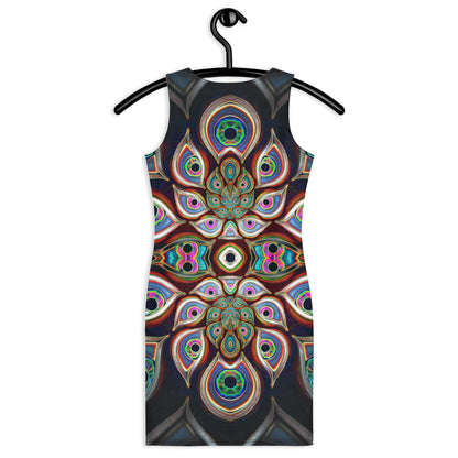 Back view of a white bodycon dress featuring the The Waiting Room fractal DMT eyes print.