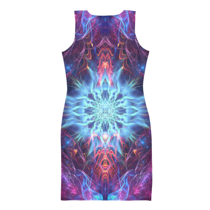 Back view of a white bodycon dress with the Angelic Force fractal portal print.