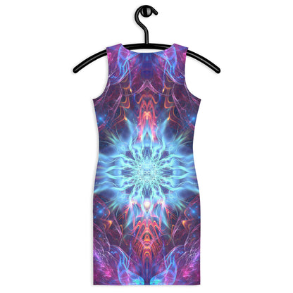 Back view of a white bodycon dress featuring the Angelic Force fractal portal print.