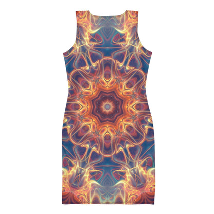 Close back view of the "Aquatic Rays" bodycon dress sun-ray mandala print.