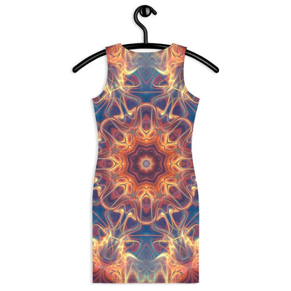 Model wearing the "Aquatic Rays" bodycon dress, back view, sun-ray mandala print.