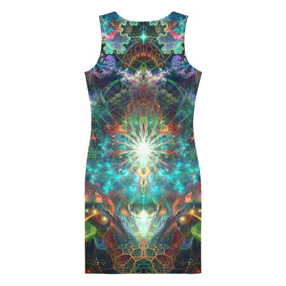 Back view of the "To Tree or Not to Tree" bodycon dress with its tree of life print.