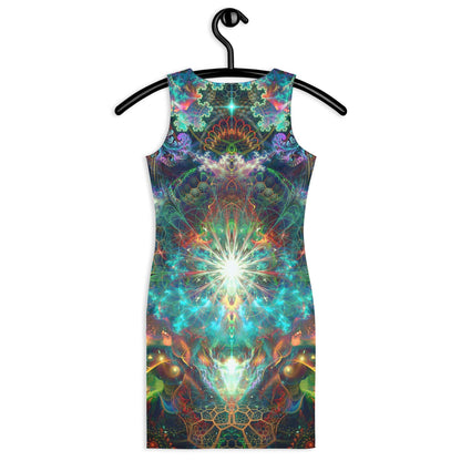 Close back view of the "To Tree or Not to Tree" bodycon dress tree of life print.