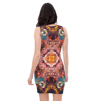 Back view of the "Reaching for Light" bodycon dress with its flower mandala print.