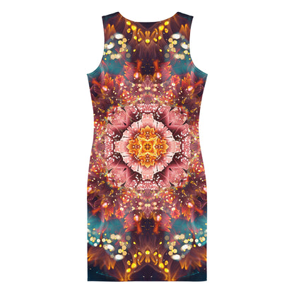 Close back view of the "Reaching for Light" bodycon dress flower mandala print.