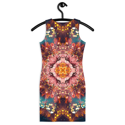 Model wearing the "Reaching for Light" bodycon dress, back view, flower mandala print.