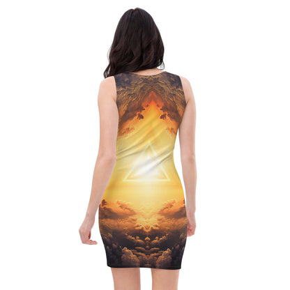 Back view of the "Adieu" bodycon dress with its sun portal print.