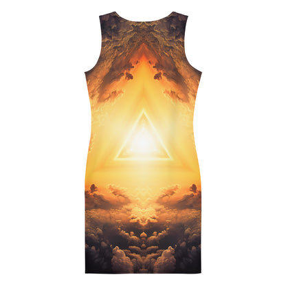 Model wearing the "Adieu" bodycon dress, back view, sun portal print.