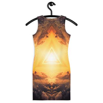 Close back view of the "Adieu" bodycon dress sun portal print.