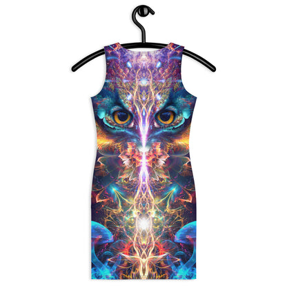 Close back view of the "Peekaboo" bodycon dress fantasy owl print.