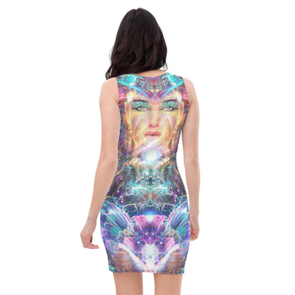 Second back view of the Medicina bodycon dress showing the ayahuasca-inspired vine print across the fabric.