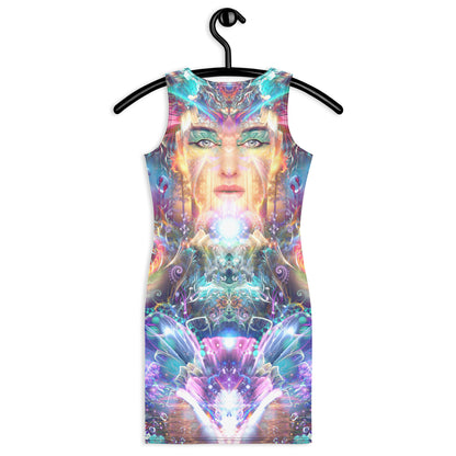 Close back view of the Medicina bodycon dress highlighting the ayahuasca vine artwork detail.