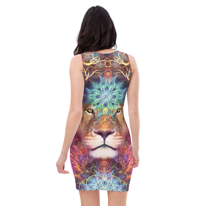 Second back view of the Genesis bodycon dress showing the Sekhmet lioness print across the fabric.