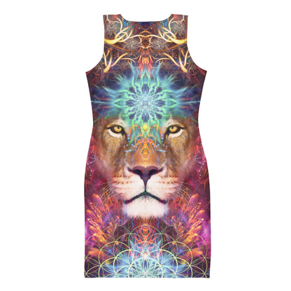 Back view of a model wearing the Genesis bodycon dress, its Sekhmet lioness visionary art print covering the rear panel.