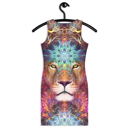 Close back view of the Genesis bodycon dress highlighting the Sekhmet lioness artwork detail.