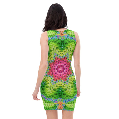 Back view of the "Starburst" bodycon dress with its neon mandala print.