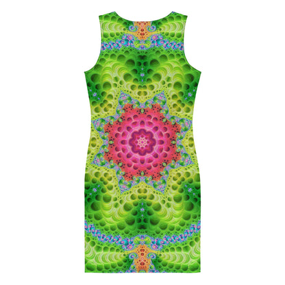 Close back view of the "Starburst" bodycon dress neon mandala print.