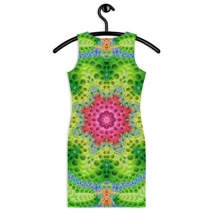 Model wearing the "Starburst" bodycon dress, back view, neon mandala print.