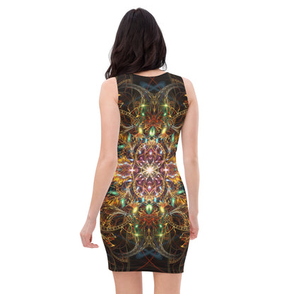 Model wearing the "Sigil of Valor" bodycon dress, back view, fractal mandala print.