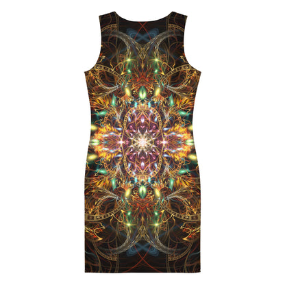 Close back view of the "Sigil of Valor" bodycon dress fractal mandala print.