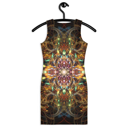 Back view of the "Sigil of Valor" bodycon dress with its fractal mandala print.