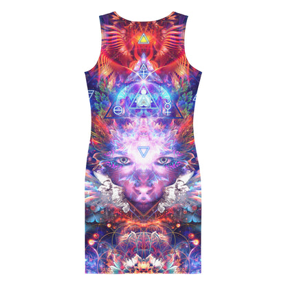 Back view of the "Lapis Philosophorum" bodycon dress with its alchemy print.
