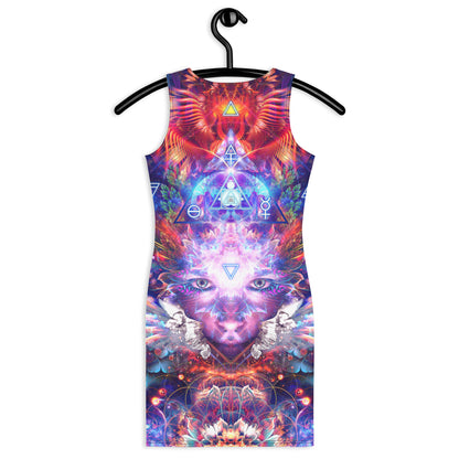 Model wearing the "Lapis Philosophorum" bodycon dress, back view, alchemy print.