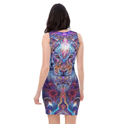 Model wearing the "Empurrress" bodycon dress, back view, tiger print.