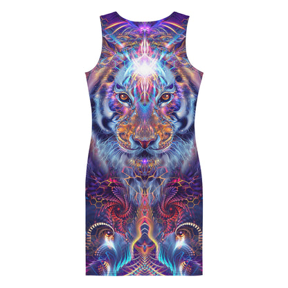 Close back view of the "Empurrress" bodycon dress tiger print.