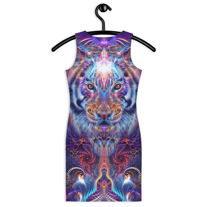 Back view of the "Empurrress" bodycon dress with its tiger print.