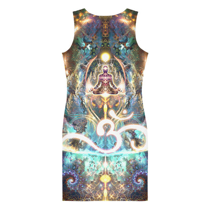 Model wearing the "Density 432" bodycon dress, back view, om meditation print.
