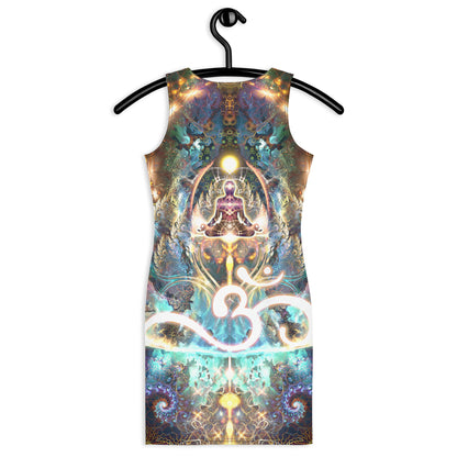 Close back view of the "Density 432" bodycon dress om meditation print.