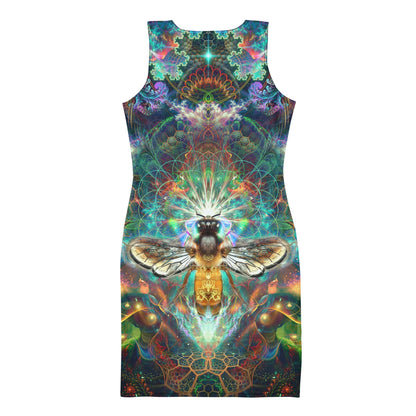 Back view of the "To Bee or Not to Bee" bodycon fitted dress in an all-over honeybee print.