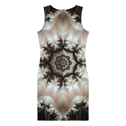 Back view of the "Duality" bodycon dress with its black and white mandala print.