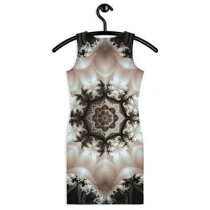 Close back view of the "Duality" bodycon dress black and white mandala print.
